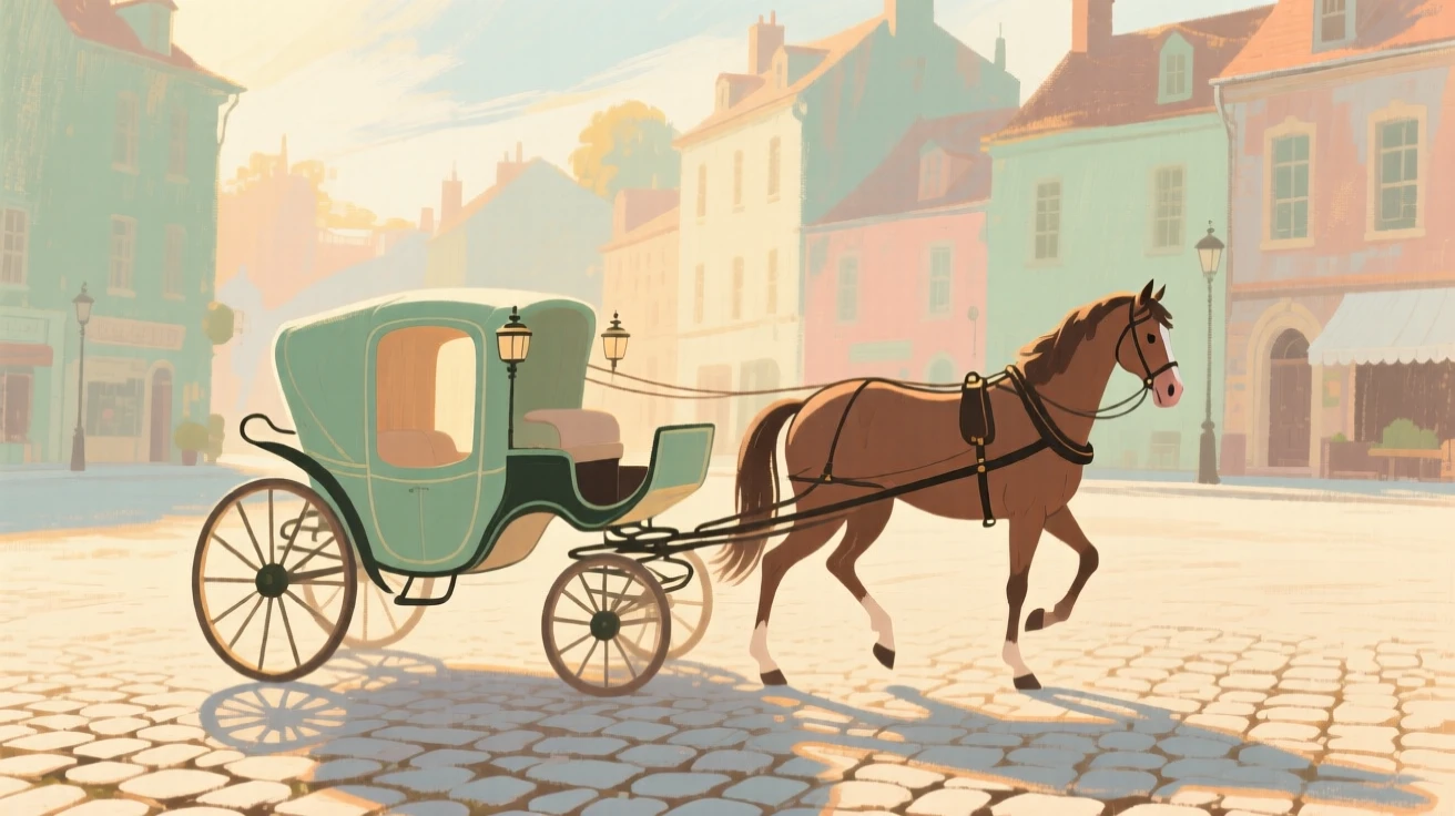 A horse-drawn carriage crossing a cobbled town square