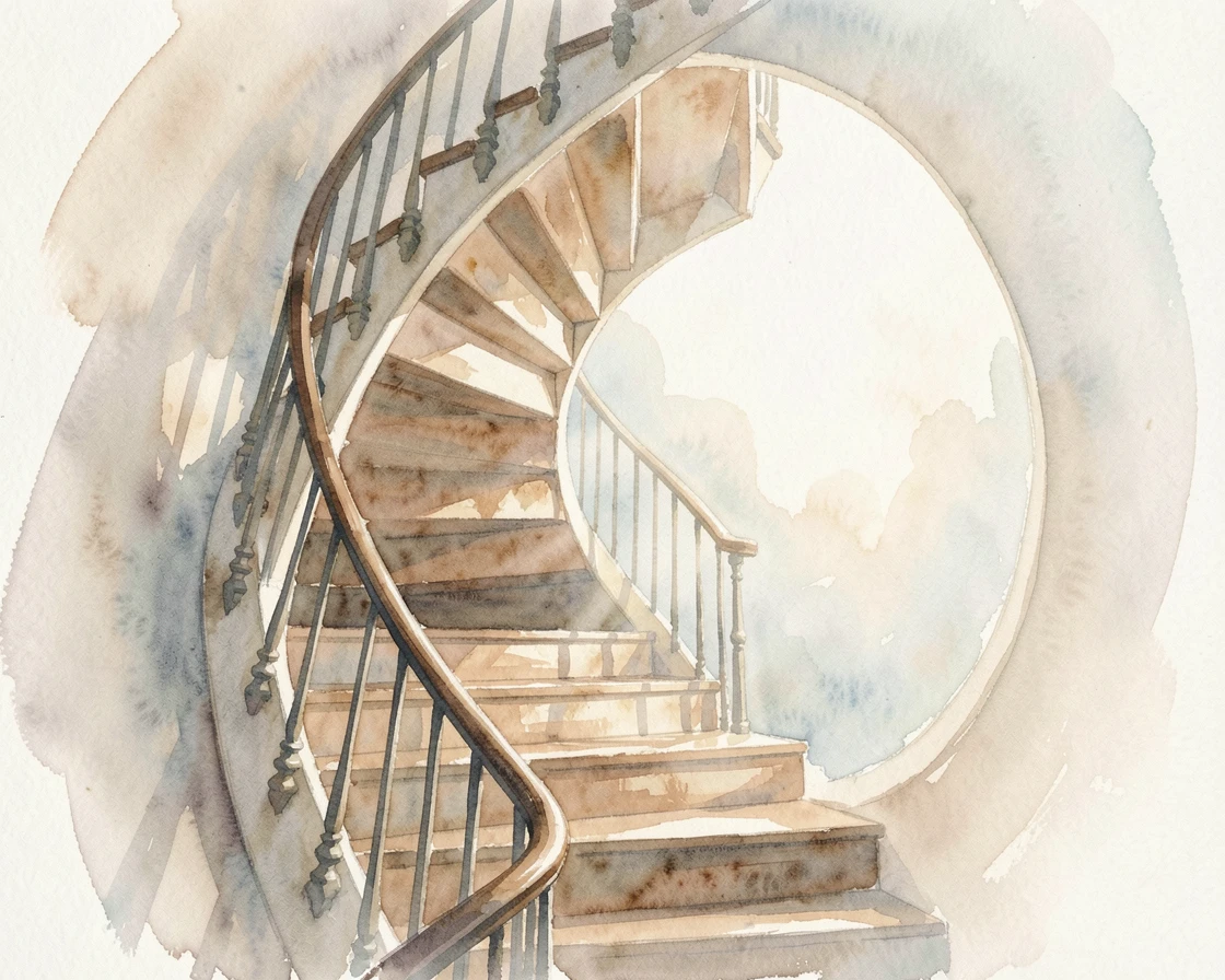 A spiral staircase bathed in soft light leading upward under a soft and peaceful light.