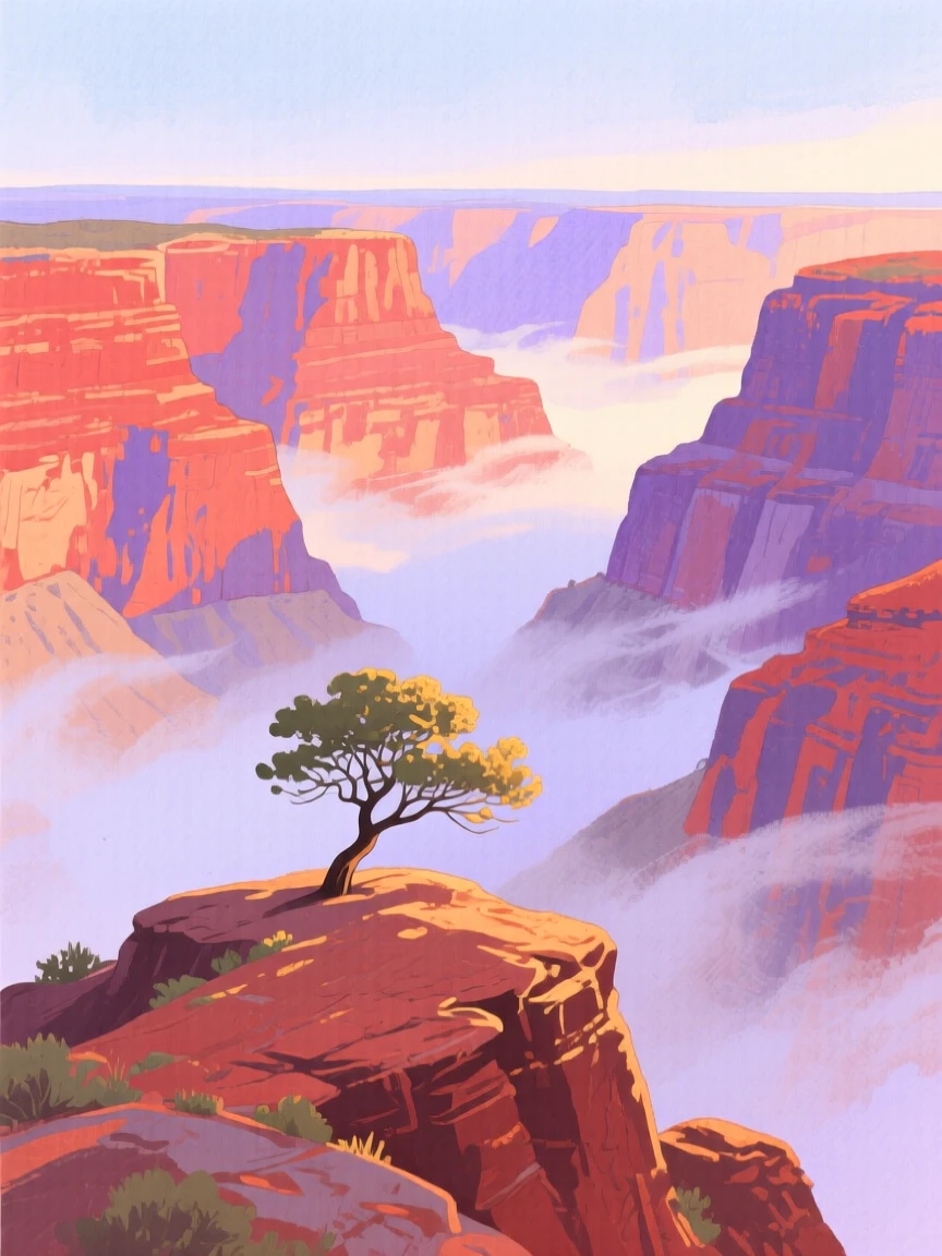 A breathtaking view of a canyon of red rock as morning mist rolls through, where a lone tree stands on a ridge