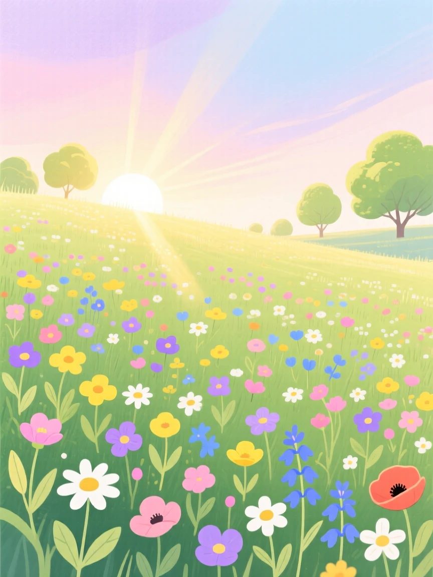 A meadow bursting with wildflowers in spring bathed in warm light at first light in spring.