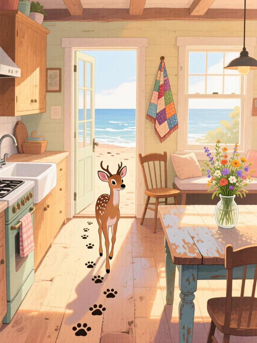 A young deer following a trail of paw prints across a beach, set in a cozy farmhouse kitchen with morning light streaming in, brimming with cozy comfort.