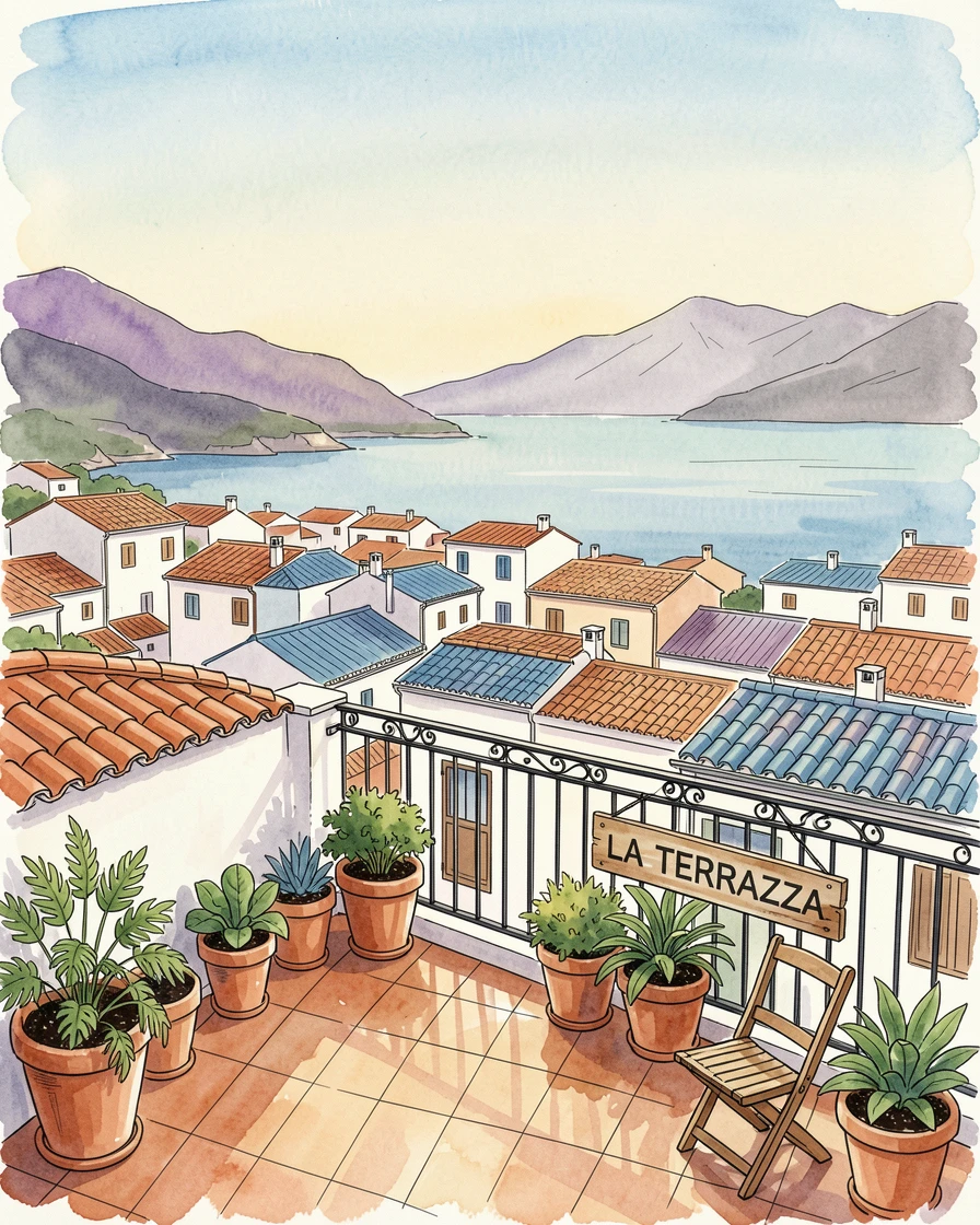 A rooftop terrace overlooking a sprawling Mediterranean coastal town, distant mountains or sea visible beyond the rooftops.
