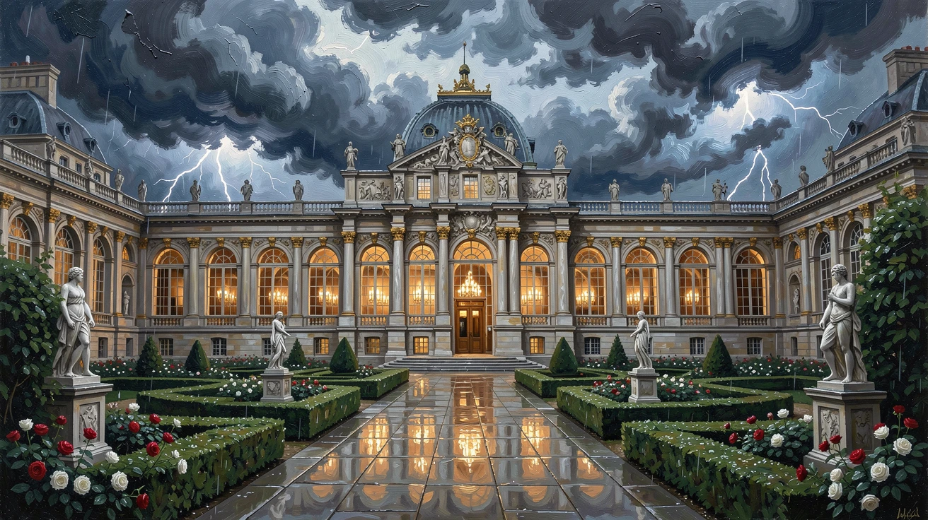 Under a dramatic, stormy sky, a grand palace with ornate gardens, framed by manicured formal gardens, candlelight flickering in a row of tall arched windows.