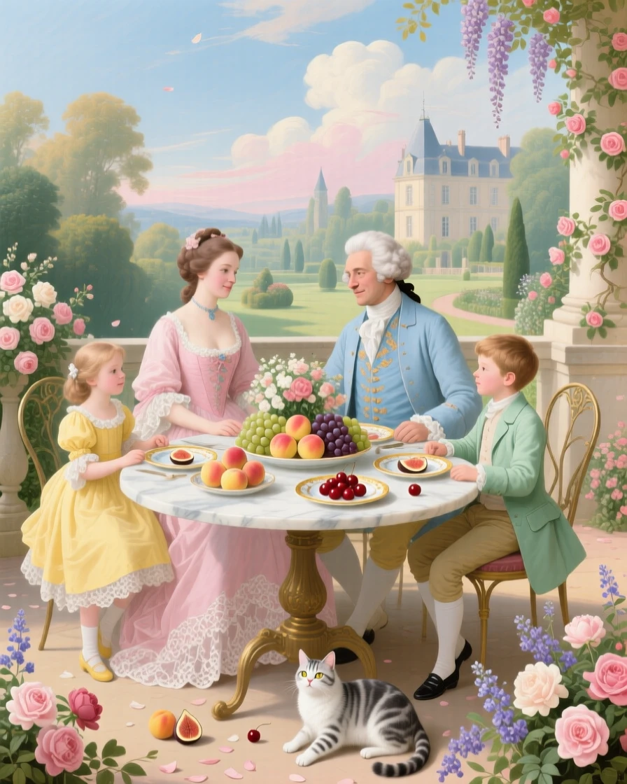 A family breakfast on a terrace with fruit, flowers, and a playful cat  