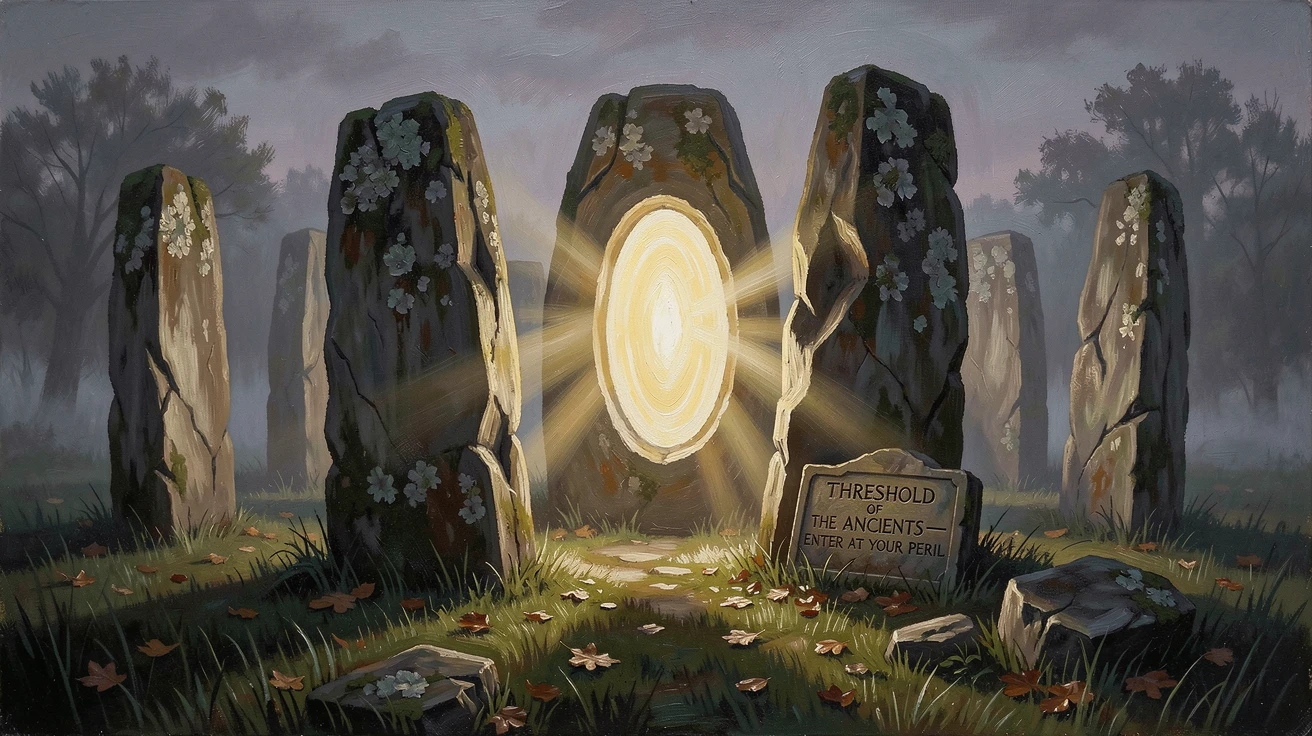 A glowing portal opening within the ruins of an ancient stone circle, as beams of light cut dramatically through darkness or fog, combining epic scale with rich, immersive atmospheric detail