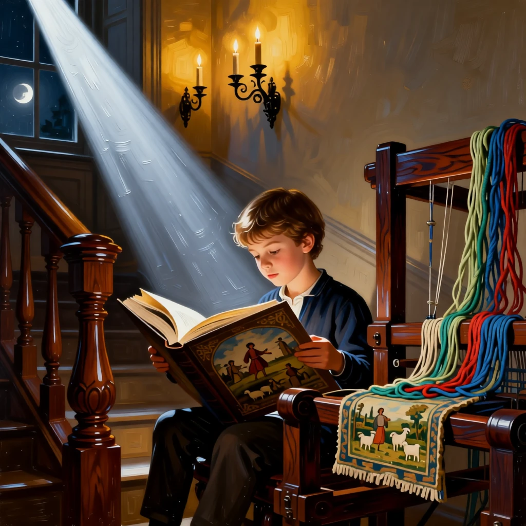 A young reader lost in an enormous illustrated storybook in a scene familiar yet freshly reimagined, set beside a grand staircase lit by flickering candelabra, with an old wooden loom, tangled threads, and a half-finished tapestry; a diagonal beam of moonlight highlights the pivotal narrative moment, evoking nostalgia, wonder, and the timeless magic of storytelling.