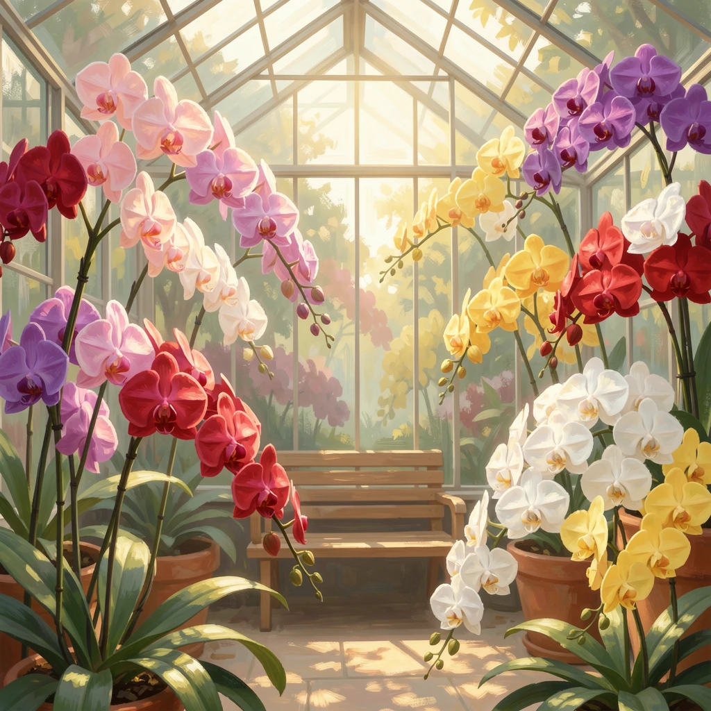 A greenhouse filled with orchids of every color, sunlight filtering through glass panels onto delicate petals, evoking timeless charm and quiet elegance.