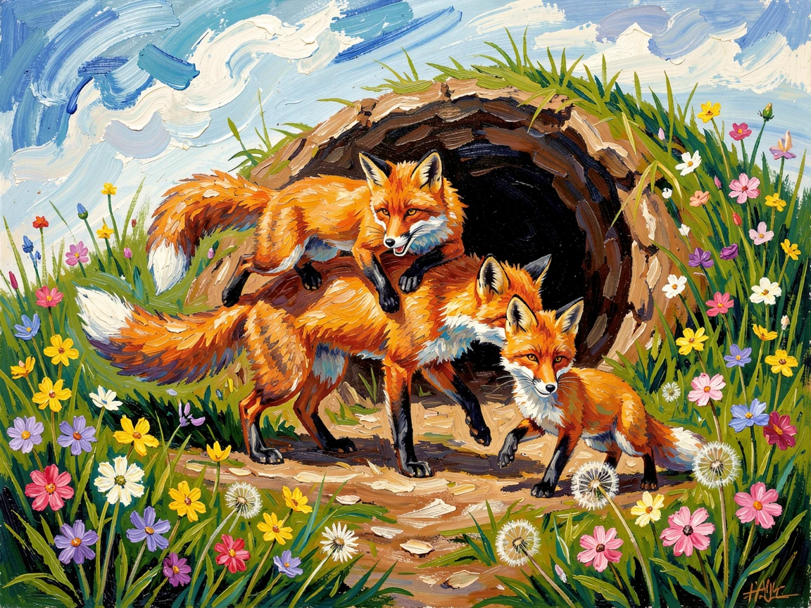 A family of foxes playing together at the entrance of their den in spring.