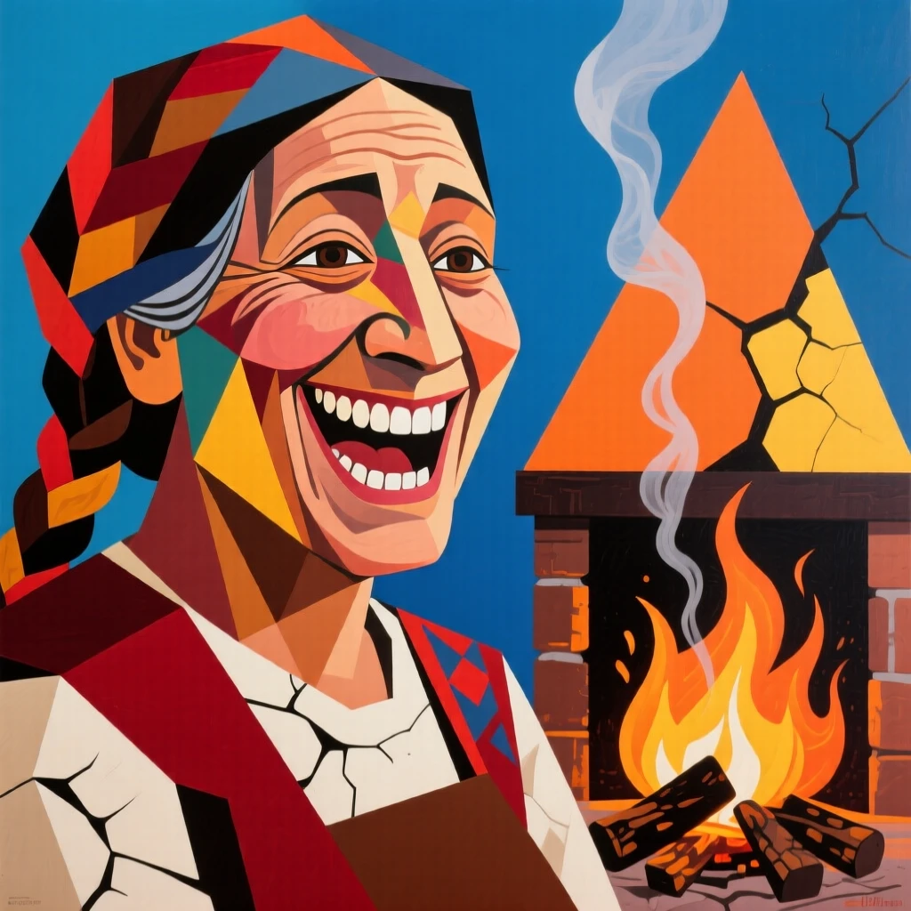 A close-up portrait of a middle-aged woman of Andean heritage, laughing joyfully, beside a crackling hearth.