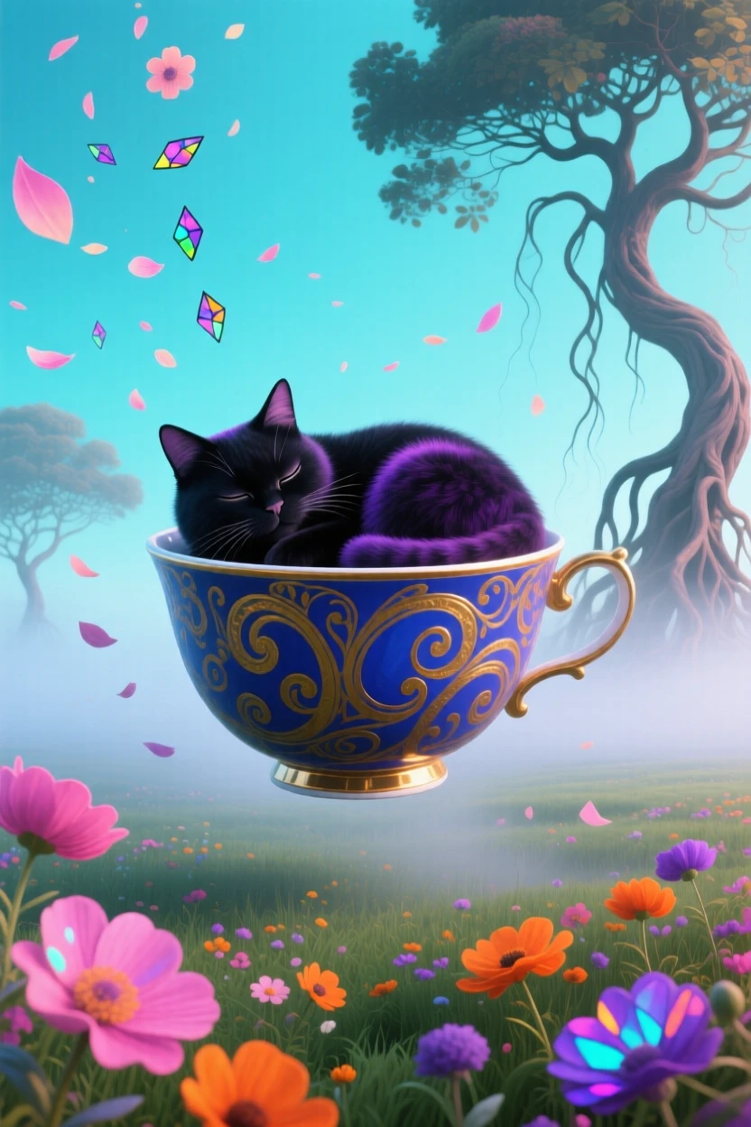 A cat curled asleep inside a floating teacup moves silently through a fog-covered meadow, as flower petals fall gently from a clear sky.