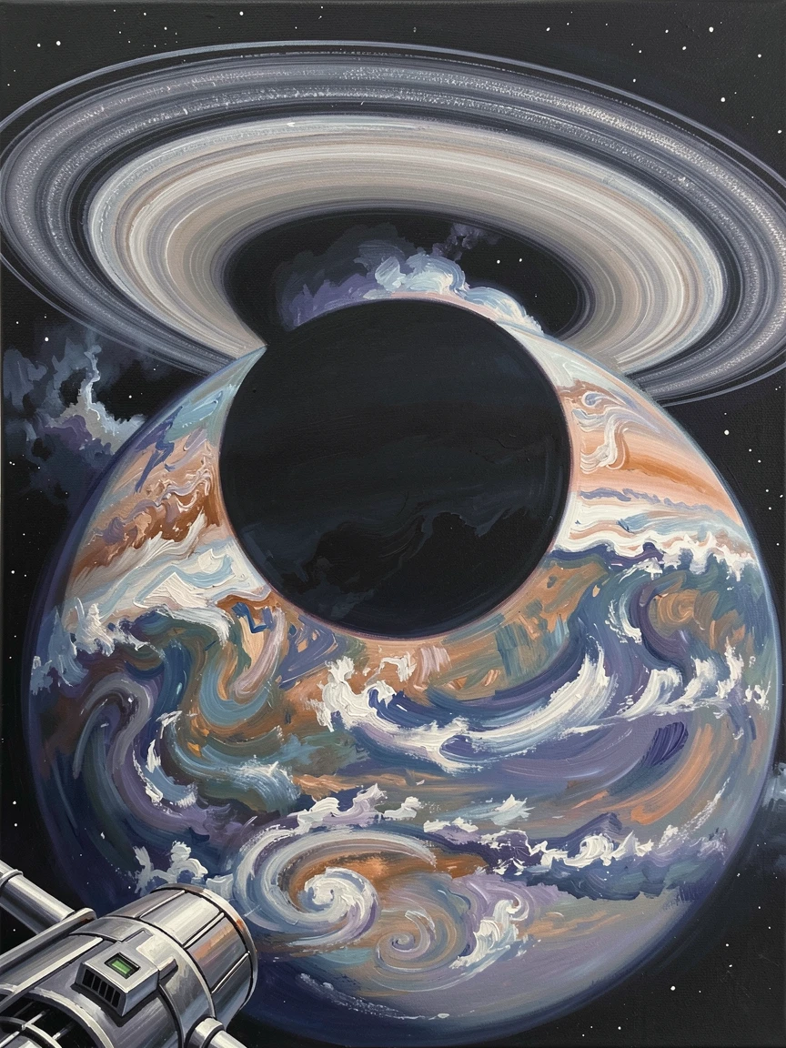 A ringed planet's moon casts a perfect shadow eclipse across the swirling cloud bands below, captured from a nearby orbiting probe, the setting suggesting centuries of untold stories embedded in every weathered surface.