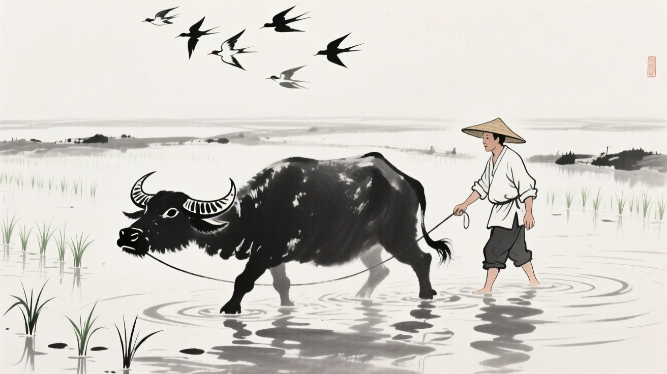 A farmer guides a water buffalo through a flooded rice paddy, as birds wheel above the newly planted fields.