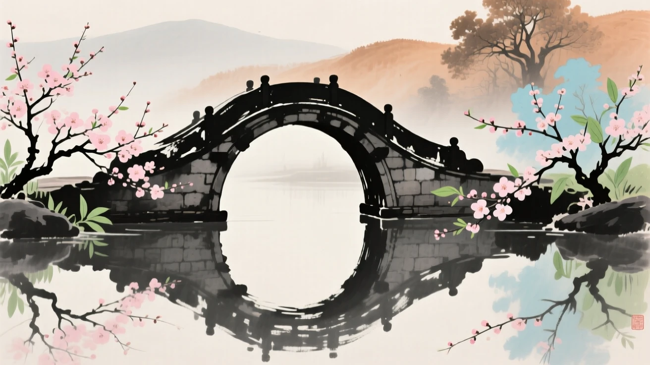 A graceful curved bridge reflected perfectly in still water, carrying a mood of wistful nostalgia, as spring blossoms unfold.