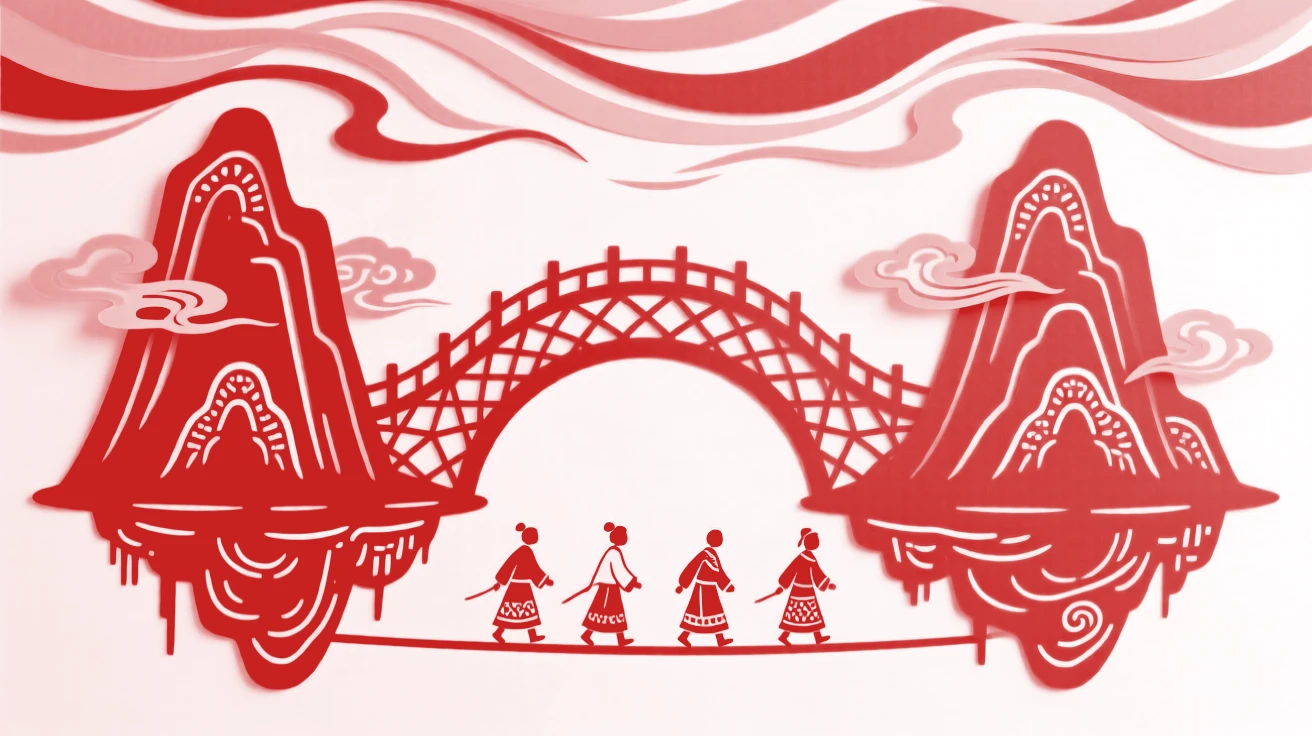A bridge of woven light connecting two floating mountains, travelers crossing beneath a sky of shifting colors