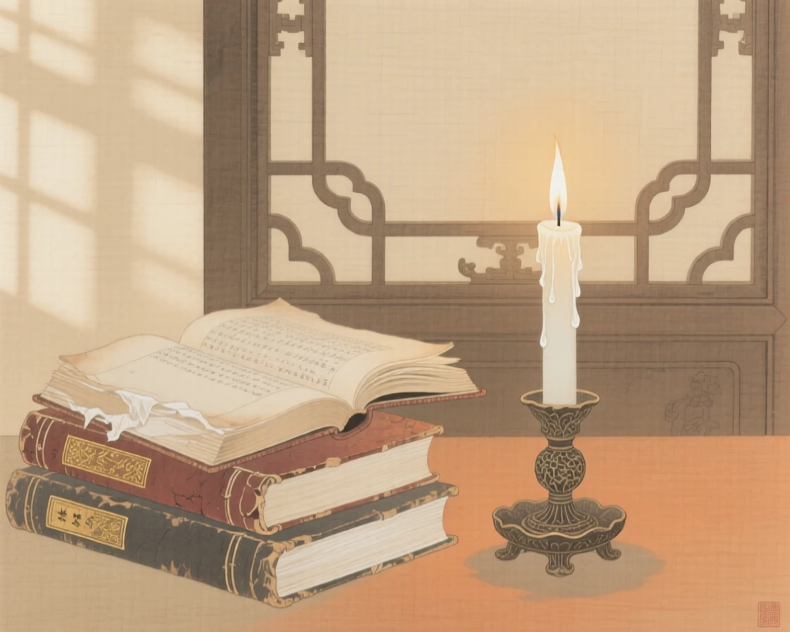 A stack of old books beside a burning candle in soft afternoon light beside a paper screen