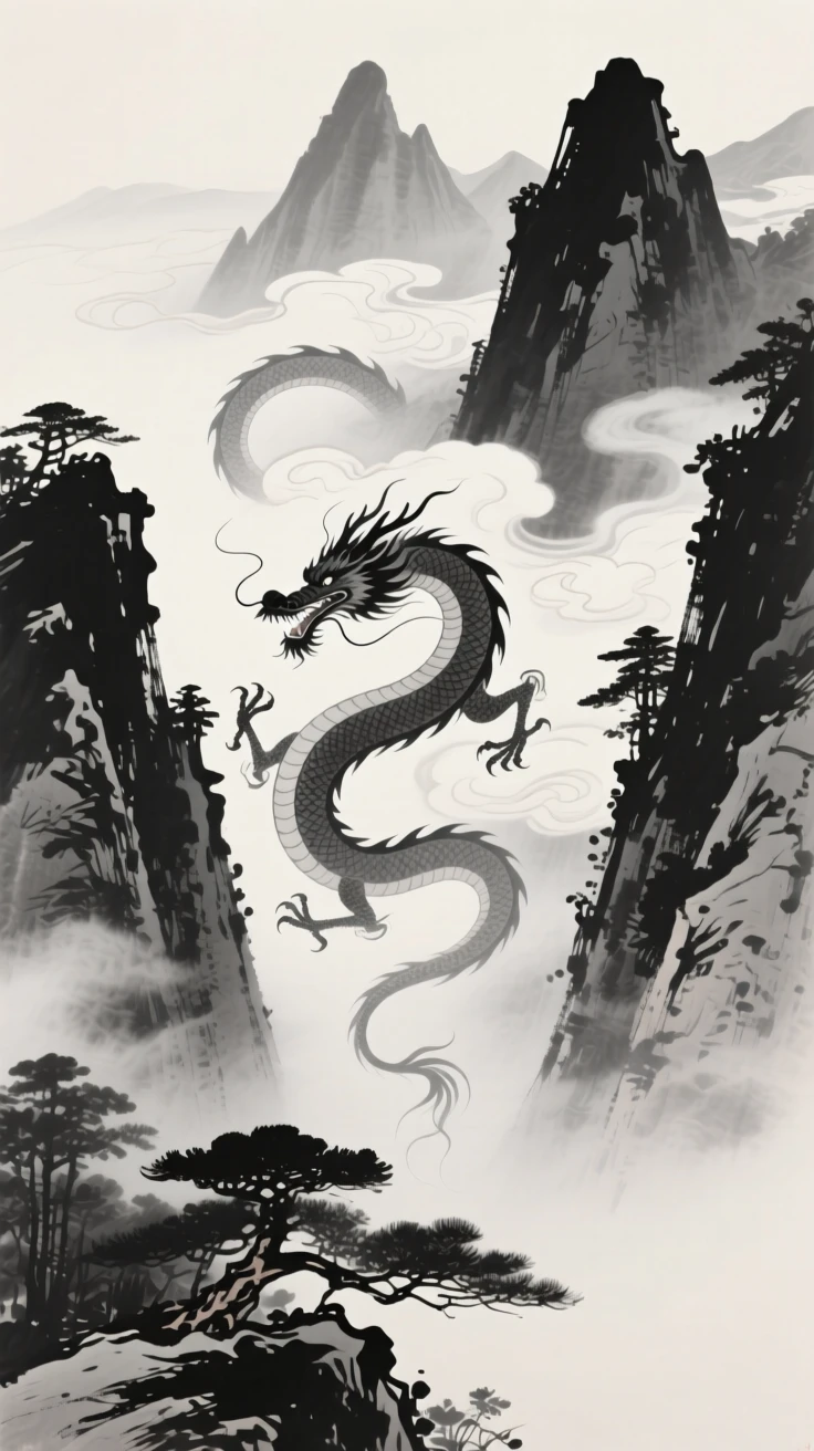 A cloud dragon weaving between mountain peaks within an ancient, mist-filled forest, composed with sweeping, dynamic movement across the frame, capturing a dreamlike, otherworldly stillness.