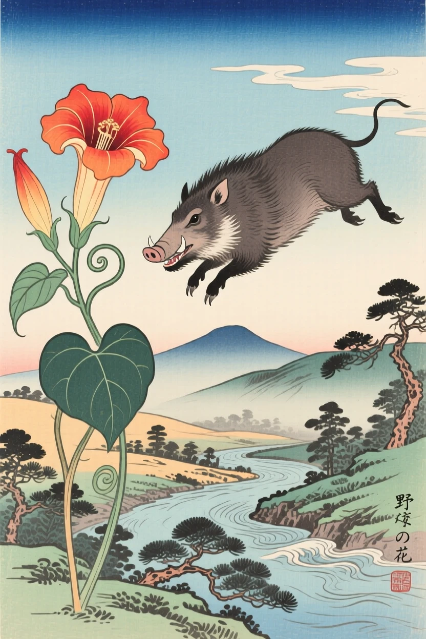A wild boar hovering beside a blooming trumpet flower.