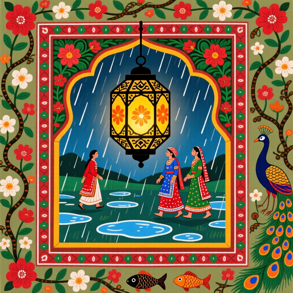 A lantern glowing warmly in a window as travelers pass in the rain.