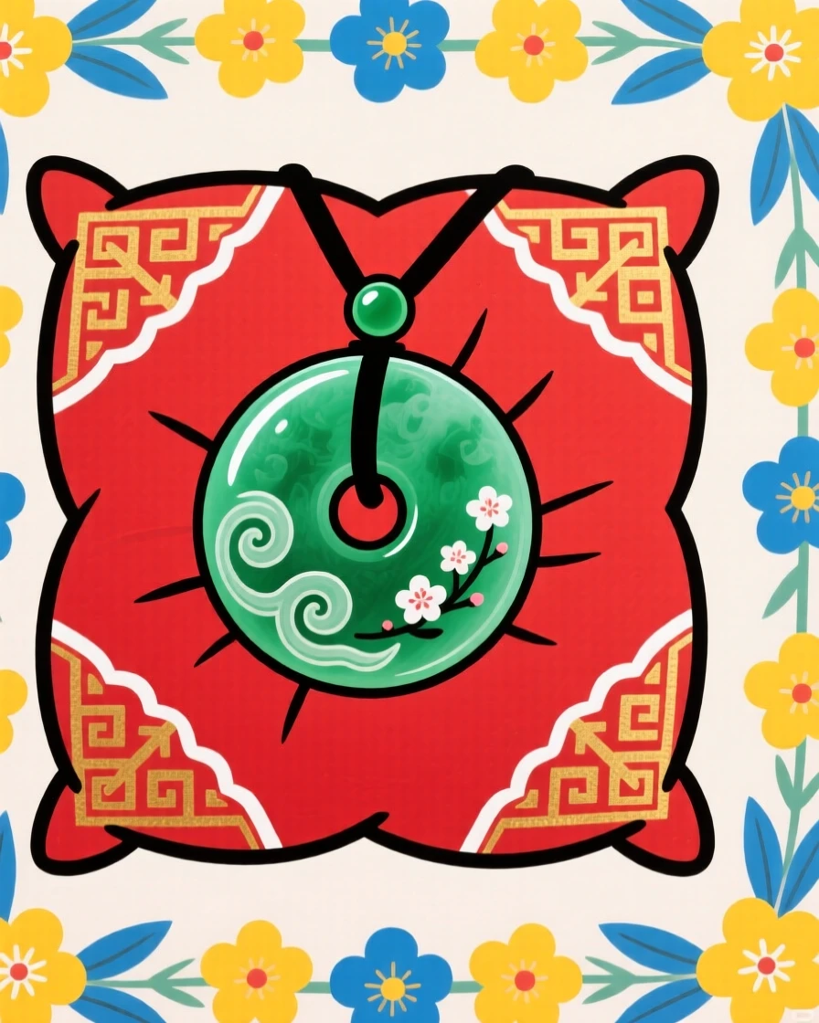 A round jade pendant resting on a red cushion, symbolizing virtue and protection.