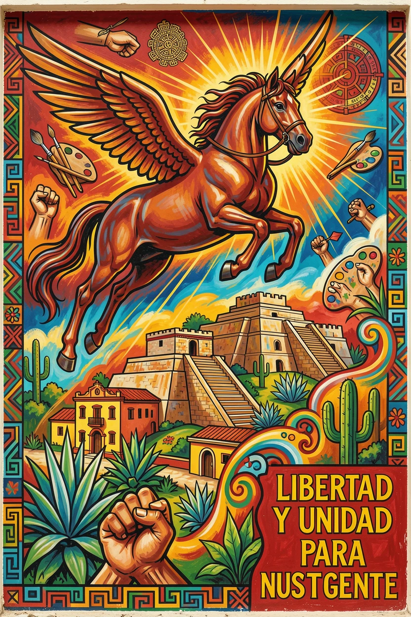 A winged horse soaring above a mythical kingdom