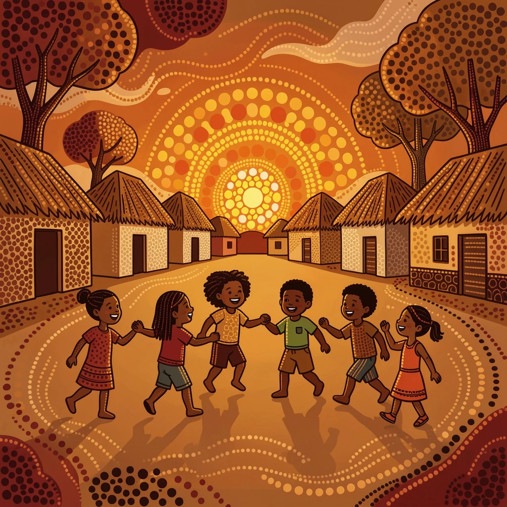 Children playing together in a village square at sunset