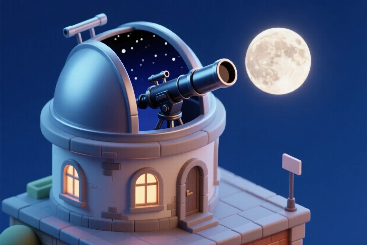 A quaint small-town observatory with a domed roof open to the night sky, a telescope aimed at a distant planet.
