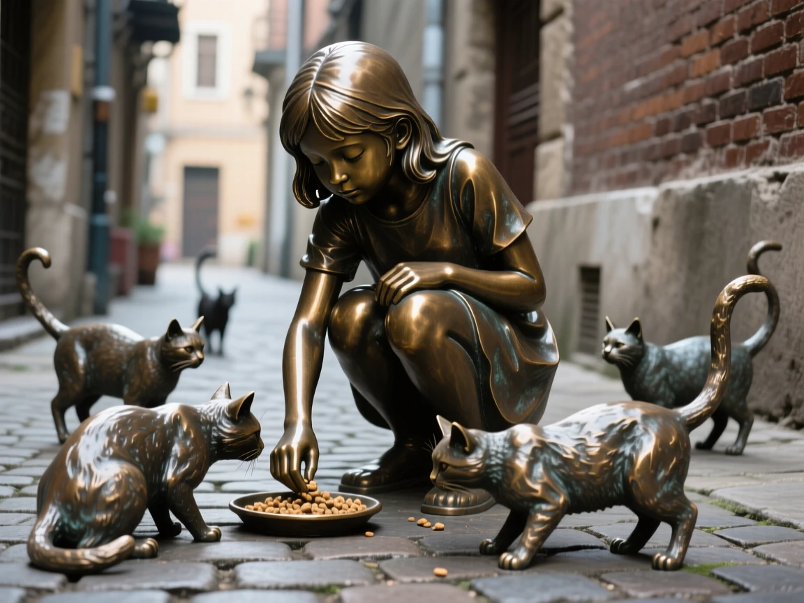 A young girl feeding stray cats in a quiet alley, in a moment of quiet triumph, forming a strong central focal point