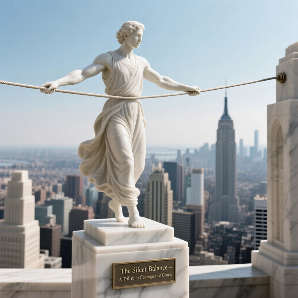 A vivid, emotionally rich scene of a tightrope walker balanced high above a city, in a moment of quiet stillness, designed to captivate and inspire
