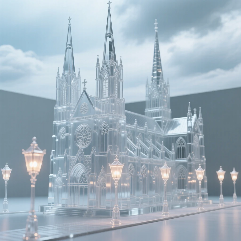 A grand cathedral with spires rising into a clouded sky while lanterns begin to glow one by one along the street