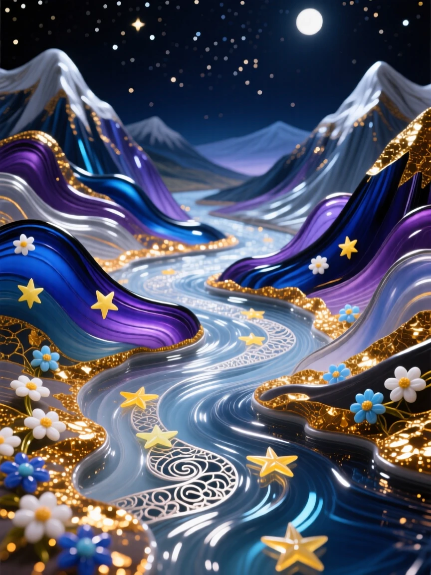 A river of stars flowing through a quiet mountain valley at night, magical and celestial.