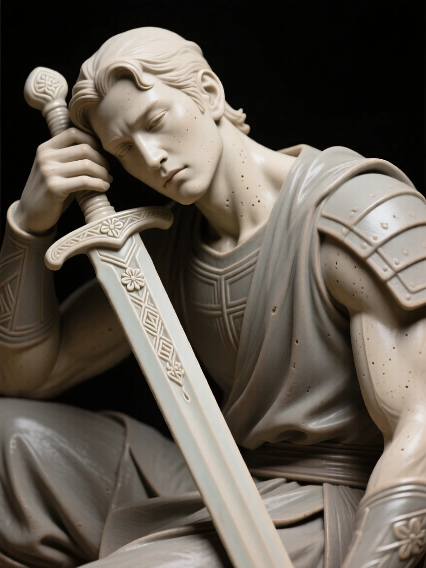 A warrior resting his hand on a sheathed sword captured in a fleeting moment of pure emotion, adorned with simple, elegant ornamentation, evoking tenderness and quiet intimacy.