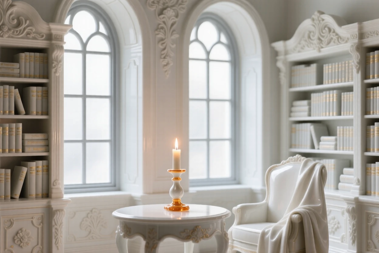 The ornate interior of a candlelit library, tall arched windows filling the space with light.