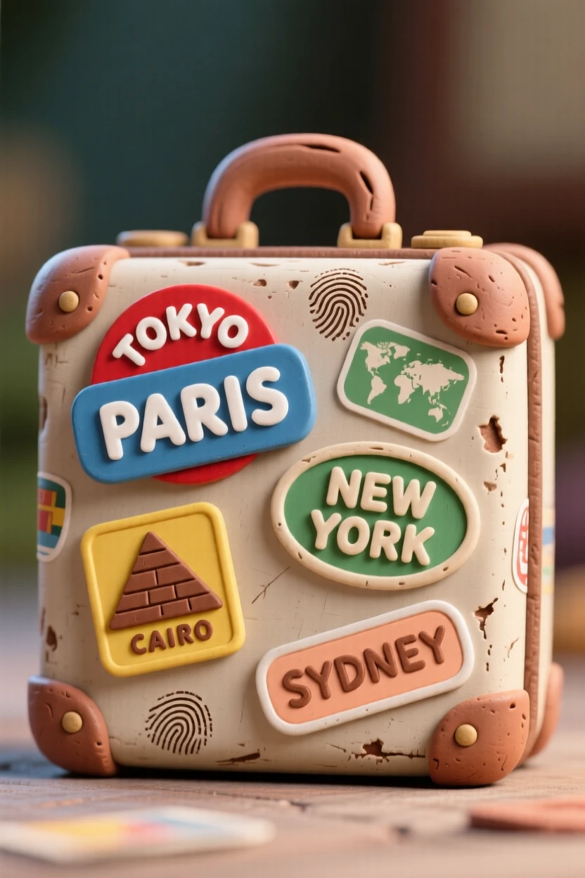 A vintage suitcase covered in travel stickers from around the world