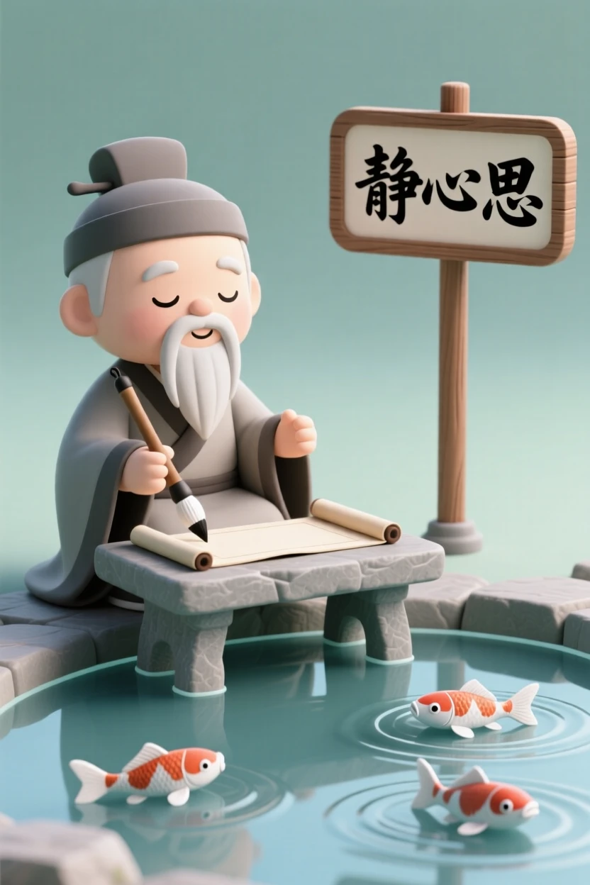 A wise ancient Chinese philosopher writes calming verses with a brush beside a tranquil koi pond.