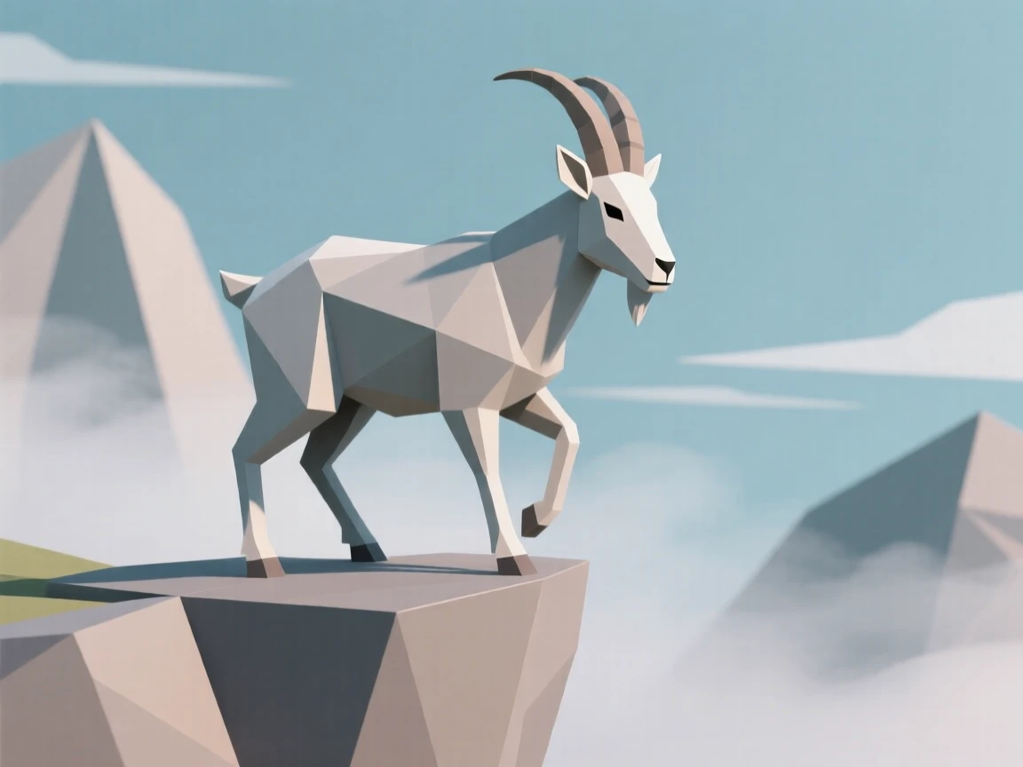 A mountain goat balancing on a steep cliff, surrounded by drifting mist. delicate detail is visible in the fur and eyes. It captures a fleeting moment of freedom.