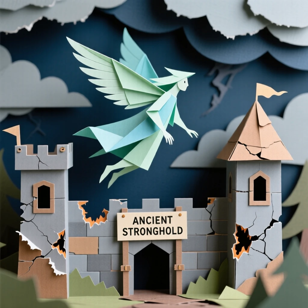A wandering forest spirit soaring above a crumbling ancient castle, with distant thunder rumbling overhead, capturing dramatic tension and adventure.