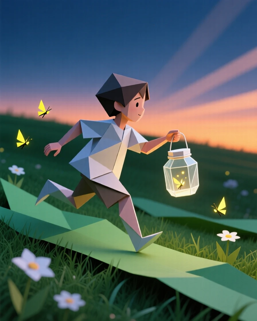 A child chasing fireflies across a summer lawn at dusk, jar in hand.