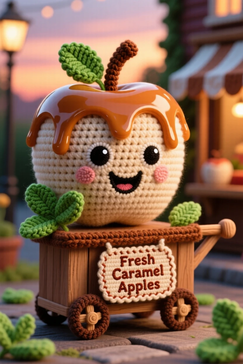 a cheerful caramel apple character, coated in a glossy shell, displayed on a small wooden stick, displayed in a small street food cart at dusk, with a scattering of fresh mint leaves, radiating bright, appetizing cheerfulness.