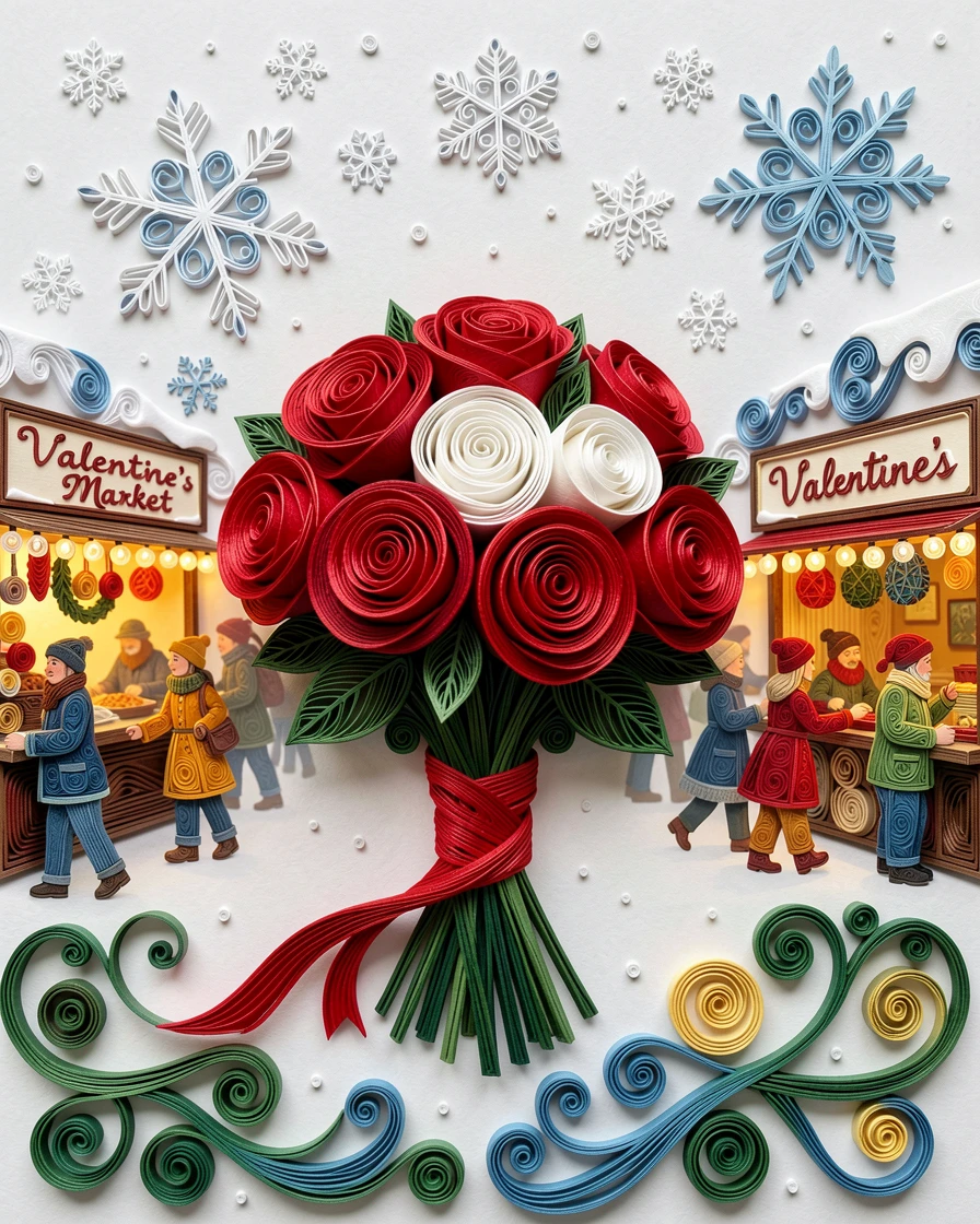 A festive holiday scene of a Valentine's Day bouquet of roses tied with a red ribbon in a bustling holiday market filled with twinkling lights, with soft snowflakes drifting gently down, composed with rich layered foreground details.