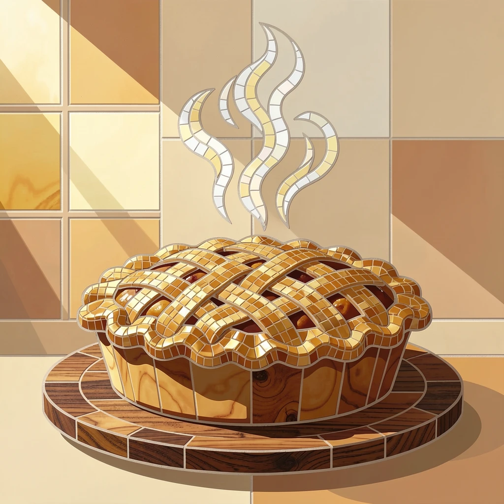 A warm apple pie fresh from the oven with a golden lattice crust, styled beautifully with warm natural window light.