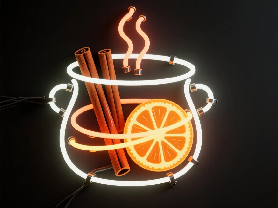 A pot of mulled cider simmering with cinnamon sticks and orange slices.
