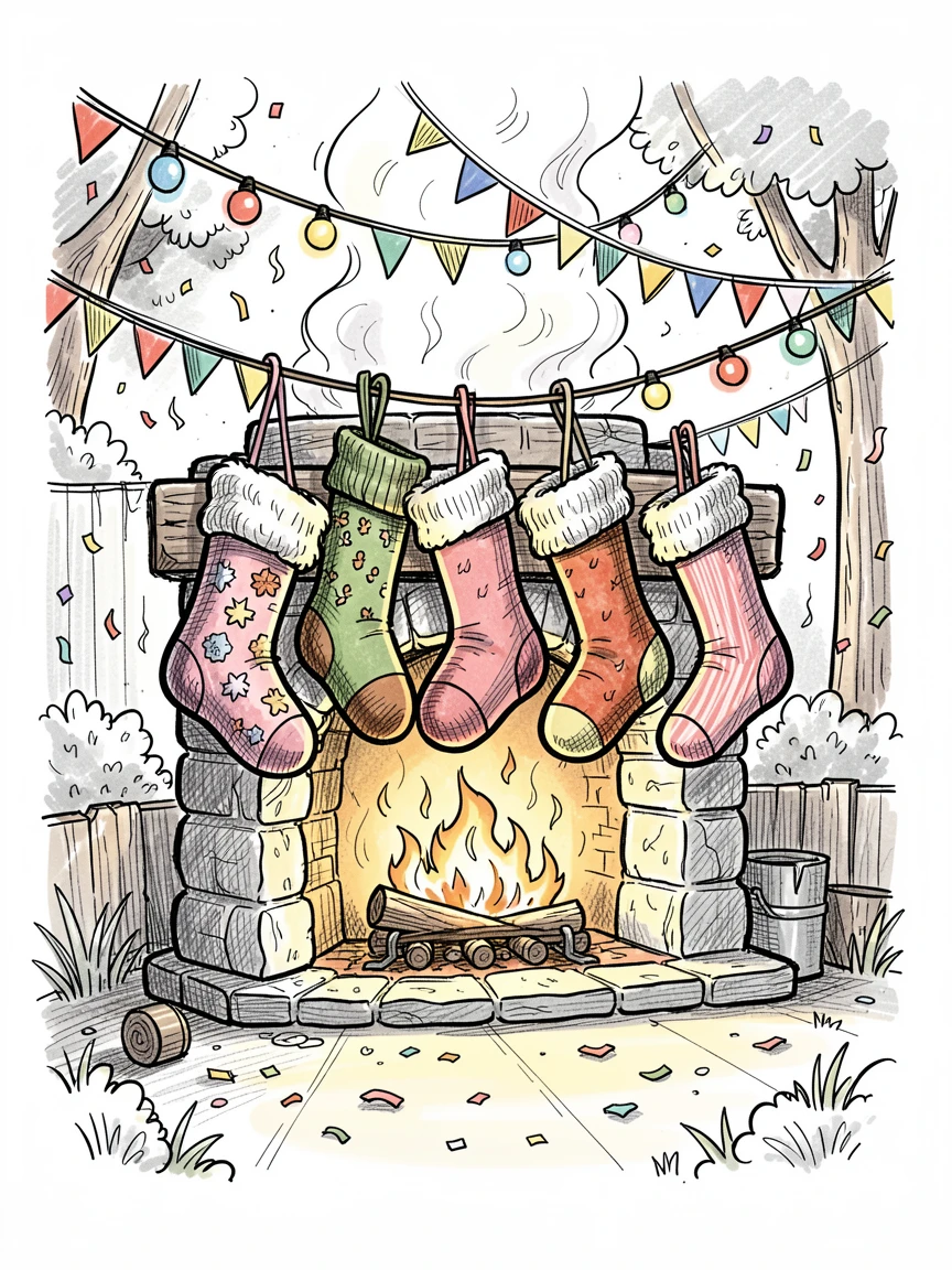 A row of stockings hung by a fireplace in a backyard decorated for a celebration.