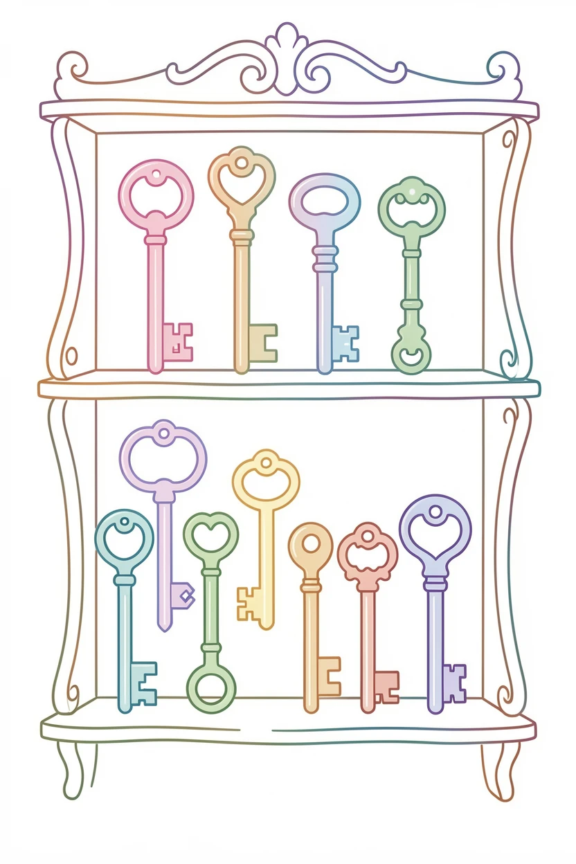 A collection of vintage keys and locks displayed on an antique shelf.