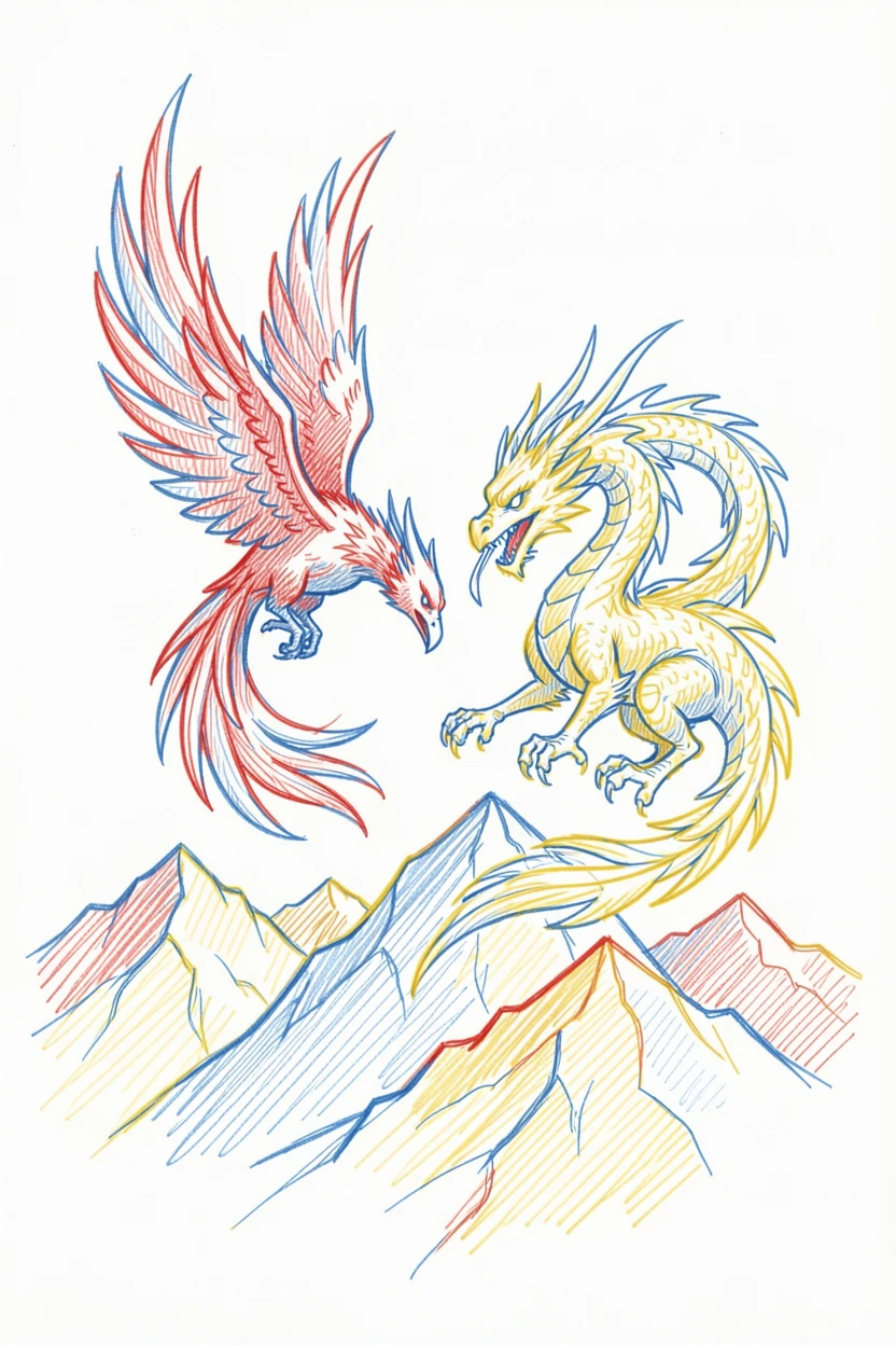 A phoenix and dragon locked in a graceful aerial dance above mountains