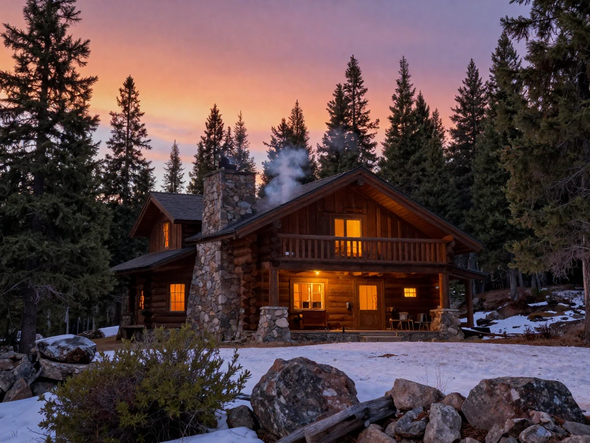 A mountain lodge with smoke curling from its chimney at dusk