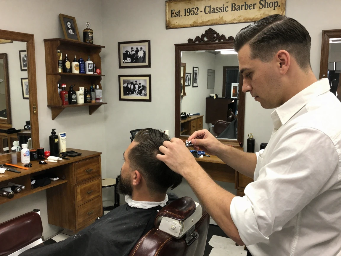 A barber trims a client's beard with careful precision in a small vintage shop.