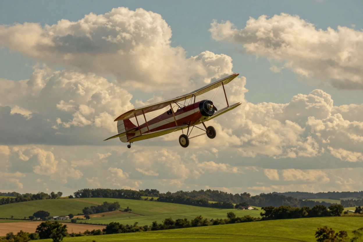 A biplane looping through fluffy white clouds above a green countryside