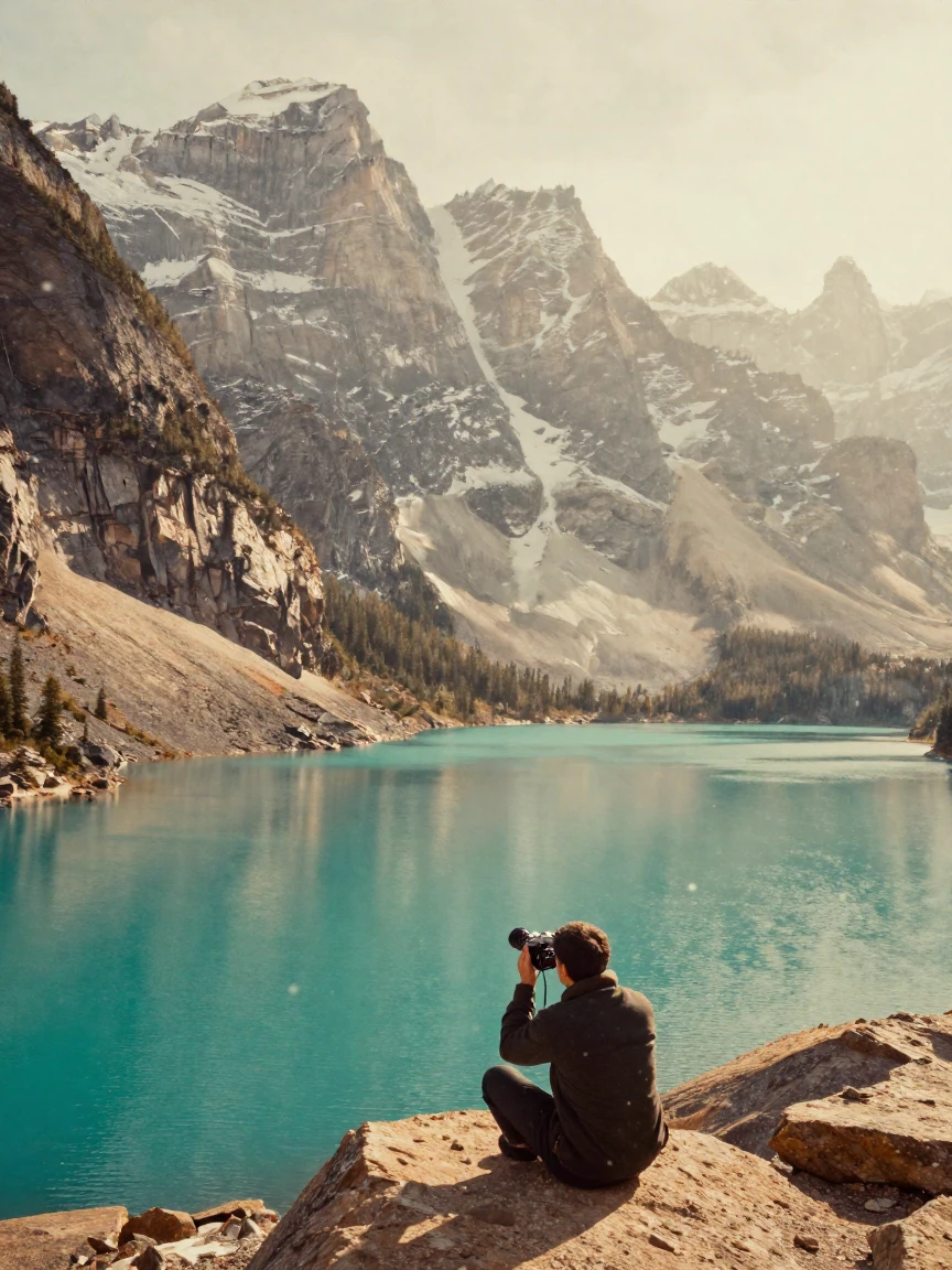 A turquoise glacial lake nestled beneath towering granite peaks, in warm morning light, amid gently falling snow, in early spring, in warm honey and cream tones, from a three-quarter angle.