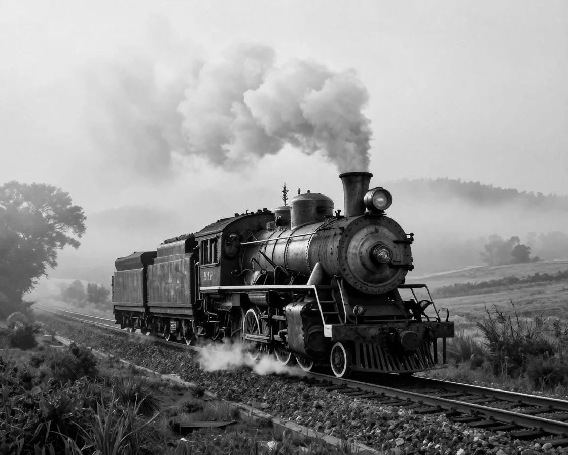 A vintage steam locomotive chugs through a misty valley across a foggy countryside valley.