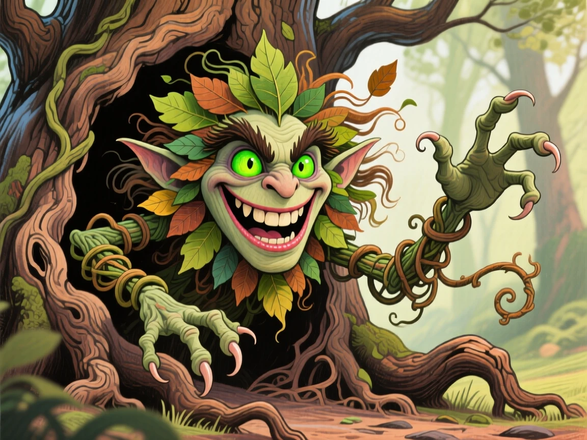 A forest spirit made of leaves and vines emerging from an ancient oak tree.